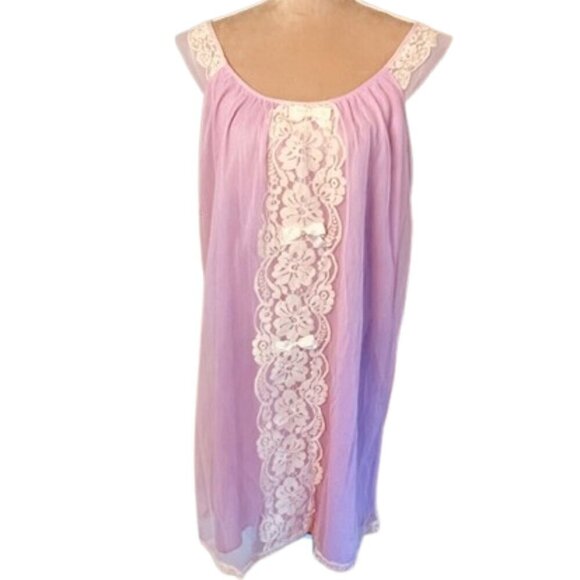 Vintage 60s Double Layer Nylon Chiffon Peignoir Babydoll Lace Nightie  M/L - Picture 1 of 6